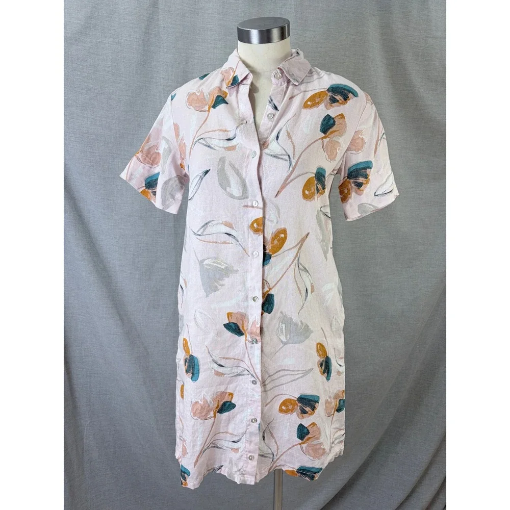 Rachel Zoe Pink Floral 100% Linen Button Front Shirt Dress with‎ Pockets XS